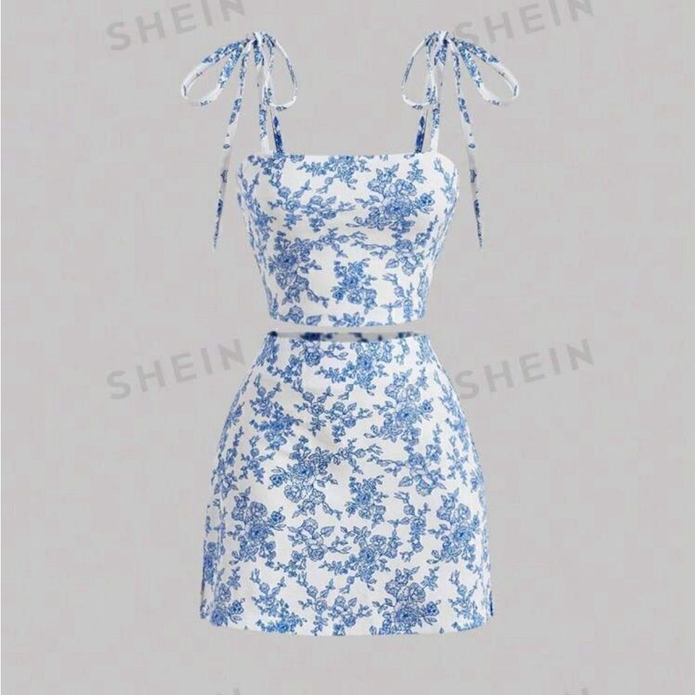 Floral white and blue Cami and skirt set